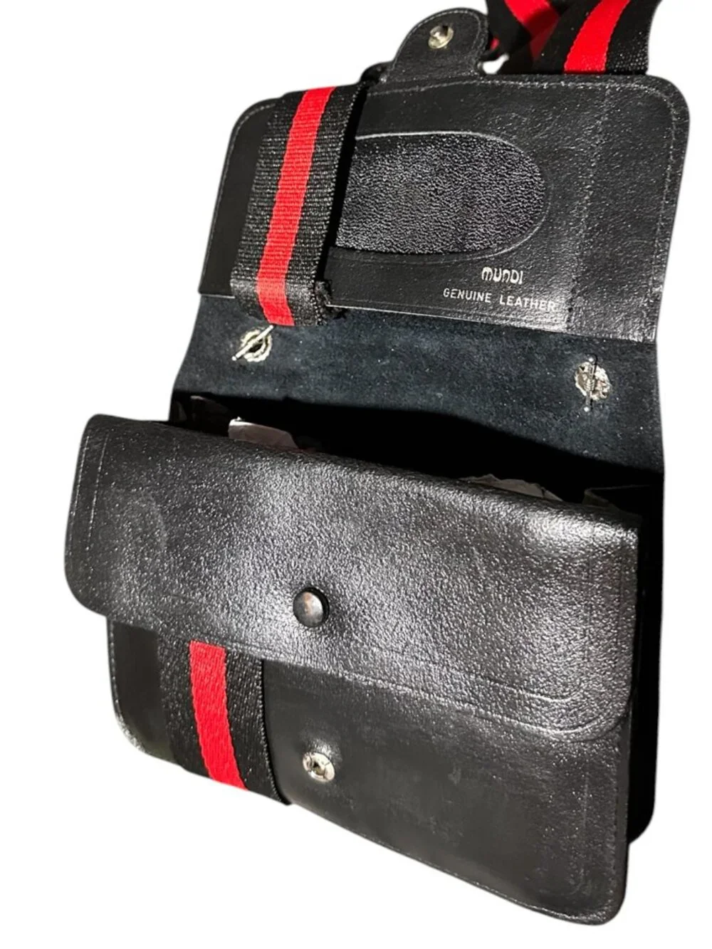 Black Mundi Leather Crossbody Bag w/Unbranded Black & Red Web
